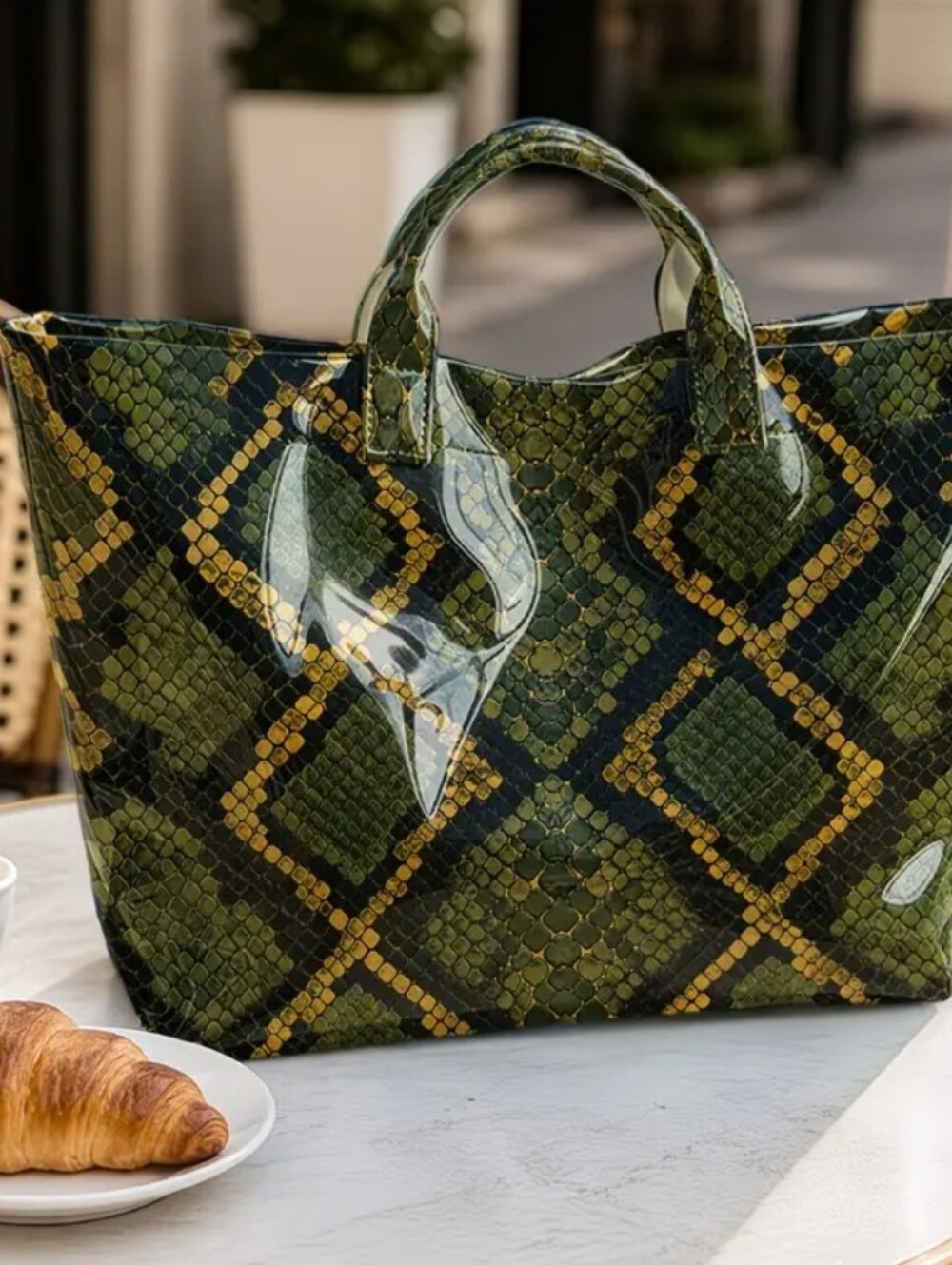 Women Green Olive Daily Commute Snake Skin Tote PVC - Picture 4 of 8